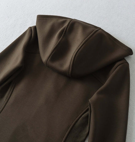 Splicing Zipper Velvet Hoodie Jacket showing back view design with a hood and slim-fit silhouette.