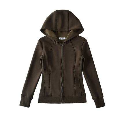 Splicing Zipper Velvet Hoodie Jacket in dark brown with zipper detailing and hood, perfect for stylish casual wear.