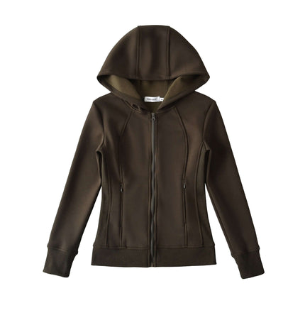 Splicing Zipper Velvet Hoodie Jacket in dark brown with zipper detailing and hood, perfect for stylish casual wear.