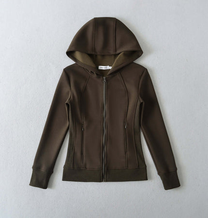 Splicing Zipper Velvet Hoodie Jacket shown from the front, featuring a zippered design and hood.