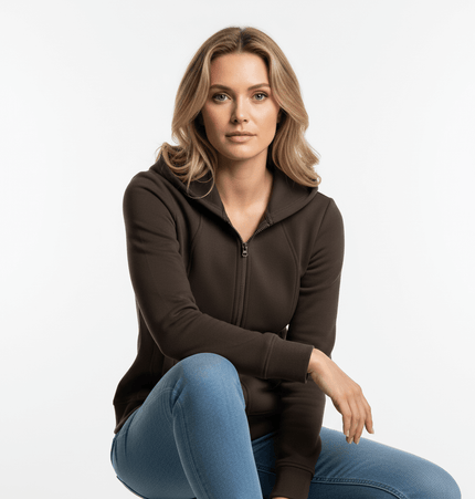 Model wearing a Splicing Zipper Velvet Hoodie Jacket in dark brown, showcasing stylish street fashion.