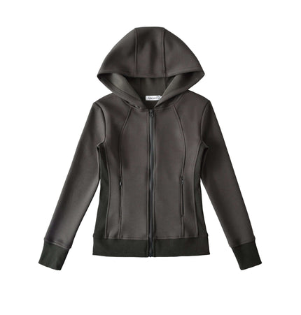 Splicing Zipper Velvet Hoodie Jacket in black with a hood and zipper detail for stylish street fashion.