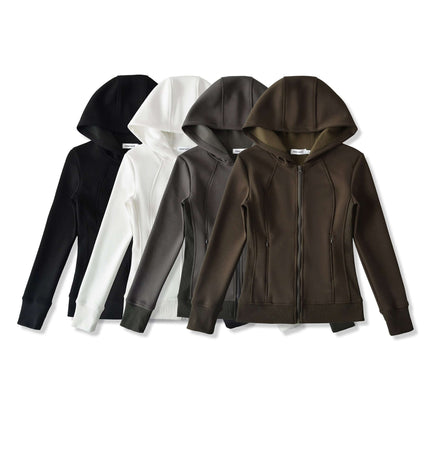 Splicing Zipper Velvet Hoodie Jacket available in black, white, grey, and brown colors on a white background.