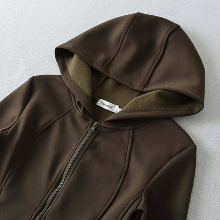 Splicing Zipper Velvet Hoodie Jacket in brown with a stylish zip opening and cozy hood, perfect for a casual look.