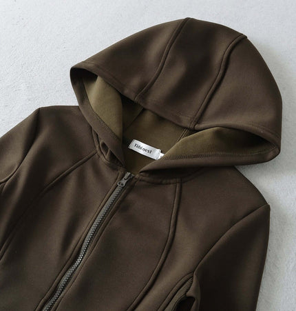 Splicing Zipper Velvet Hoodie Jacket in brown with a stylish zip opening and cozy hood, perfect for a casual look.