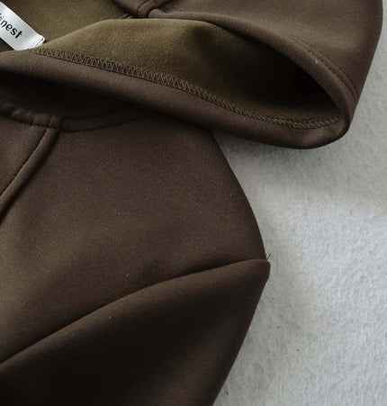 Splicing Zipper Velvet Hoodie Jacket in rich brown color showcasing hood and zipper detail.