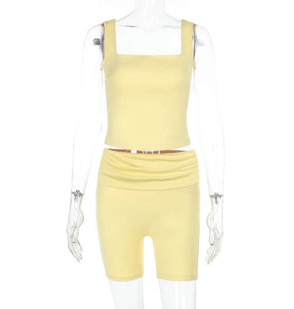 Square Collar Pleated Two-Piece Set featuring a stylish square-neck top and matching shorts in soft yellow.