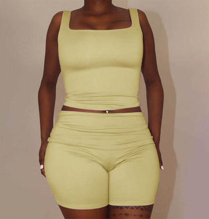 Square Collar Pleated Two-Piece Set in light yellow featuring a square neck top and matching shorts.