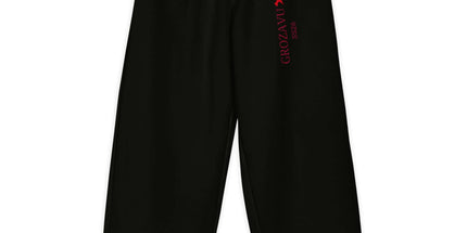 Grozavu SS26 wide-leg pants in 300 g/m2 cotton stretch with deep red print