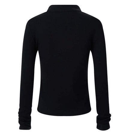 Back view of the Stand Collar Knit Cardigan – Slim Fit, featuring a sleek black design and long sleeves.