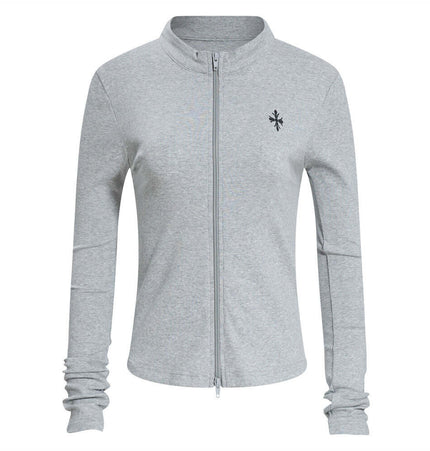 Stand Collar Knit Cardigan – Slim Fit in grey with zip front and stylish design.