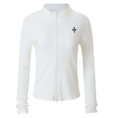 Stand Collar Knit Cardigan – Slim Fit in white with zip-up front and stylish design.