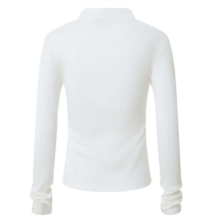 Stand Collar Knit Cardigan – Slim Fit in white, showcasing the back view with long sleeves and a smooth finish.