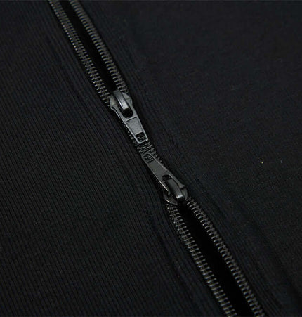 Stand Collar Knit Cardigan – Slim Fit zip-up front detail showing the smooth zipper design.