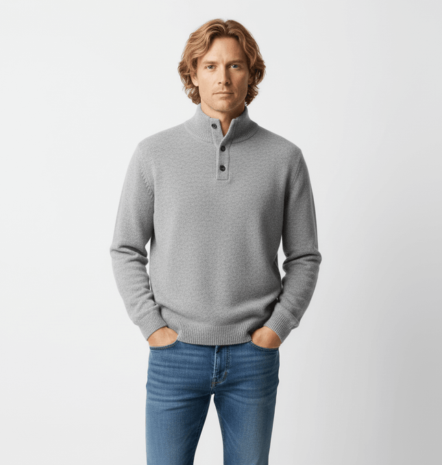 Stand Collar Pullover Sweater - Loose Fit in gray, featuring a high-neck and button detail, perfect for casual autumn wear.