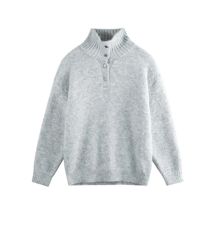 Stand Collar Pullover Sweater - Loose Fit in light gray with high-neck and buttoned detail.