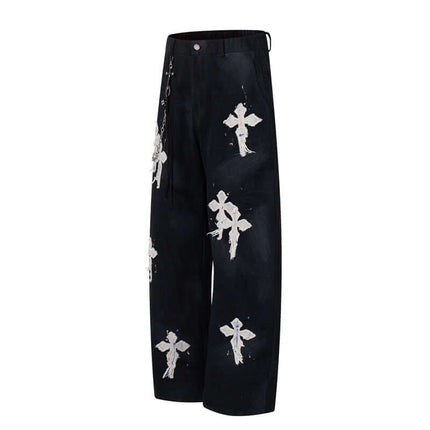 Straight Leg Patchwork Denim Jeans featuring cross patch embroidery and hand-painted details