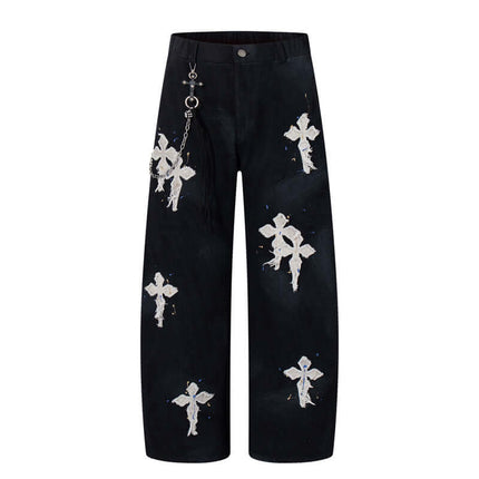 Straight Leg Patchwork Denim Jeans featuring cross patch embroidery and hand-painted details.