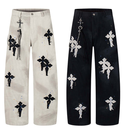 Straight Leg Patchwork Denim Jeans features bold cross patch embroidery and artistic splatter detailing in black and white.