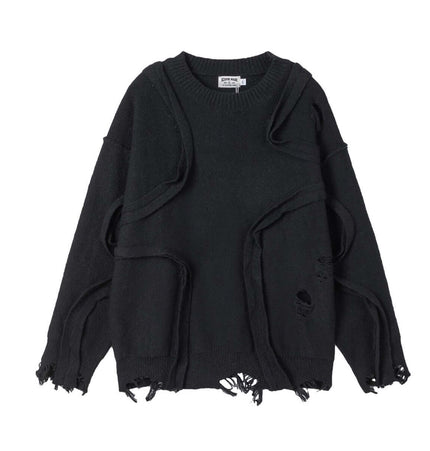 Street Tide Thick Knit Sweater – Loose Fit in black with unique cutouts and distressed details.