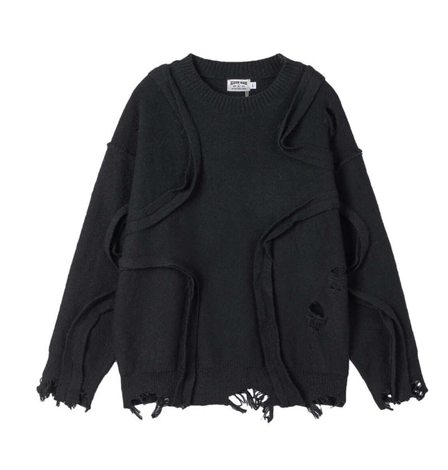 Street Tide Thick Knit Sweater – Loose Fit in black with unique cutouts and distressed details.