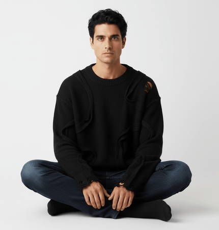 Street Tide Thick Knit Sweater – Loose Fit worn by a man sitting cross-legged, featuring a relaxed fit and black color.