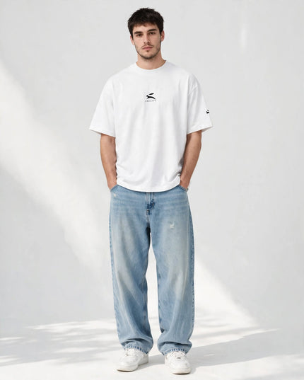 White 200 g/m² organic cotton wide collar tee, streetwear portrait