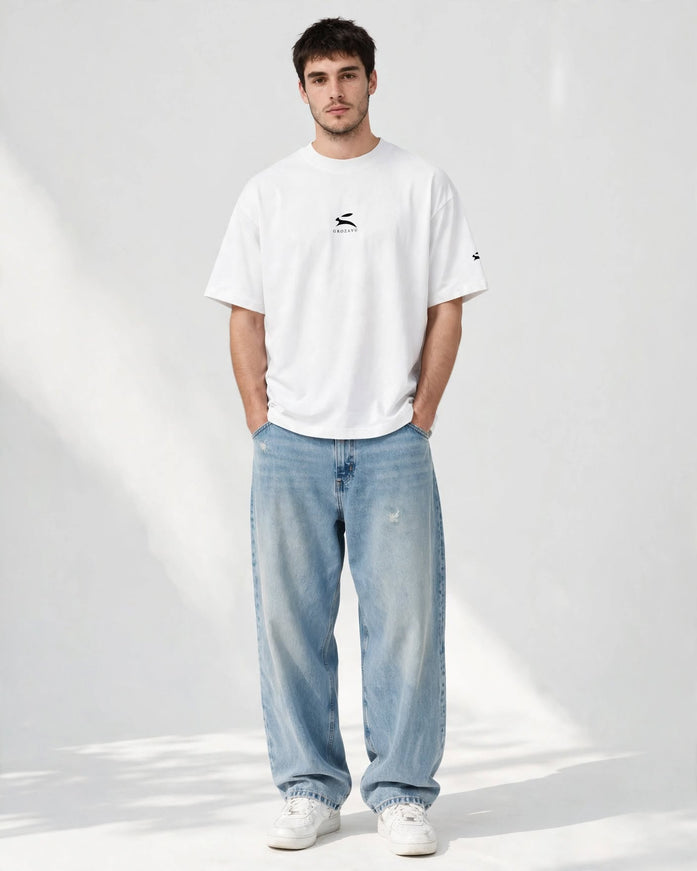 White 200 g/m² organic cotton wide collar tee, streetwear portrait