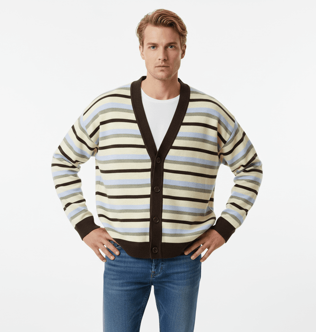 Striped Denim Short Knit Cardigan featuring a stylish striped pattern and modern color-blocking details.
