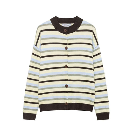 Striped Denim Short Knit Cardigan featuring bold stripe pattern and modern round neck design.