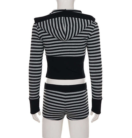 Striped Slim Fit Hooded Shorts Tracksuit featuring a stylish hooded top and matching shorts in a sleek striped pattern.