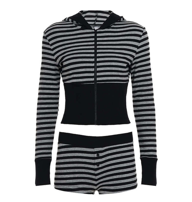 Striped Slim Fit Hooded Shorts Tracksuit showcasing a casual striped top with zipper and matching shorts in a sleek design.