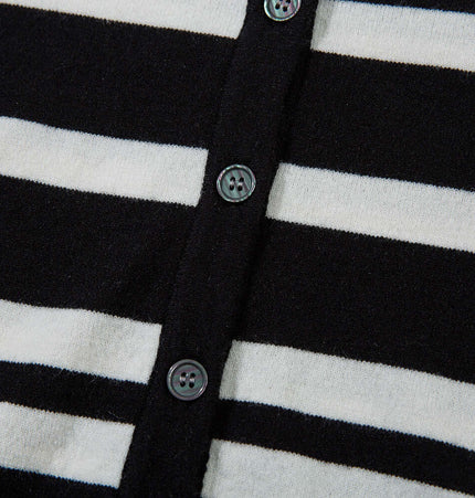 Striped VNeck Knit Cardigan – Slim Fit close-up showing button details and black and white stripes.