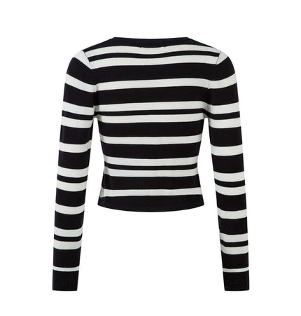 Back view of Striped VNeck Knit Cardigan – Slim Fit showcasing black and white stripes and a fitted silhouette.
