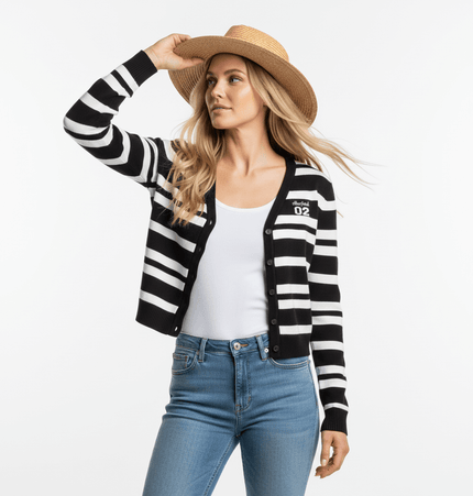 Striped VNeck Knit Cardigan – Slim Fit worn by a woman in a casual outfit with a straw hat.