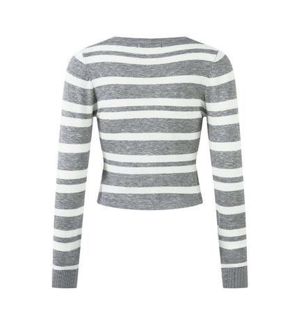Back view of Striped VNeck Knit Cardigan – Slim Fit showcasing gray and white stripes.