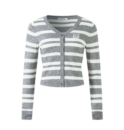 Striped VNeck Knit Cardigan – Slim Fit in gray and white with long sleeves and button closure.