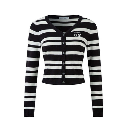 Striped VNeck Knit Cardigan – Slim Fit in black and white with button closure and long sleeves.