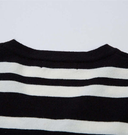 Striped VNeck Knit Cardigan – Slim Fit back view highlighting black and white striped pattern.