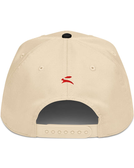 Beige structured five-panel cap, back view with adjustable snap closure
