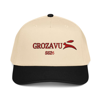 Grozavu structured five-panel cap, mid-profile crown with curved visor