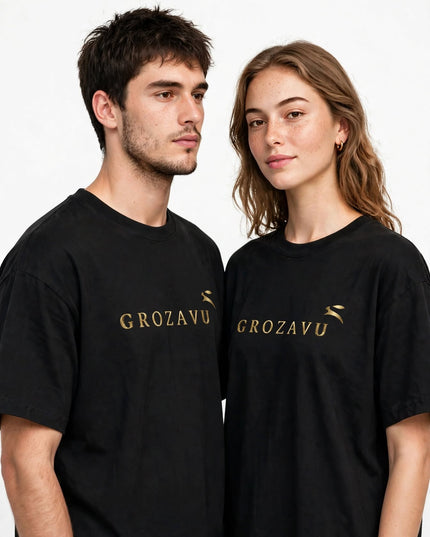 Studio portrait in the oversized black boxy tee with dropped shoulders
