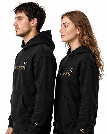 Studio portrait in the black kangaroo hoodie with brushed fleece interior