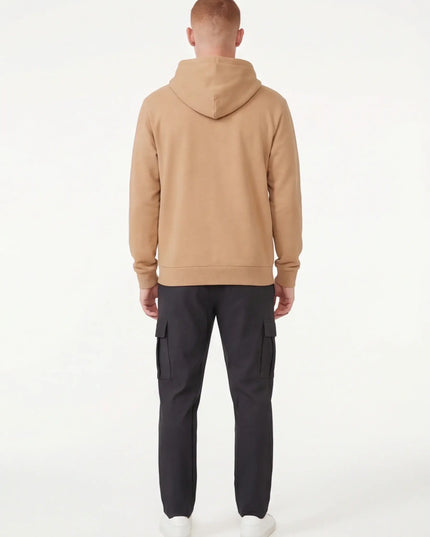 Rear view of the Maison Grozavu Classic Slate Hoodie in touch — showing the robust construction.