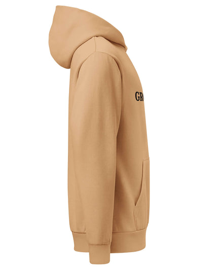 Front view of the Maison Grozavu Classic Slate Hoodie in touch — showing the refined stitching.
