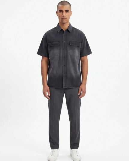 Lifestyle shot of the Maison Grozavu Earth Shirt Mark in style — showing the clean lines.