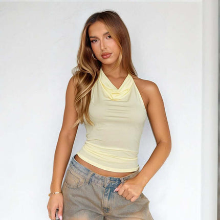 Grozavu Suspender Halter Vest – Slim Fit in yellow, showcasing stylish neck-hanging halter design and slim silhouette.