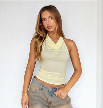 Grozavu Suspender Halter Vest – Slim Fit in yellow, showcasing stylish neck-hanging halter design and slim silhouette.