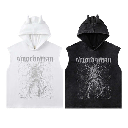 Washed Sleeveless Hooded Tank Top in white and black with graphic print, perfect for summer street style.
