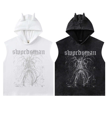 Washed Sleeveless Hooded Tank Top in white and black with graphic print, perfect for summer street style.